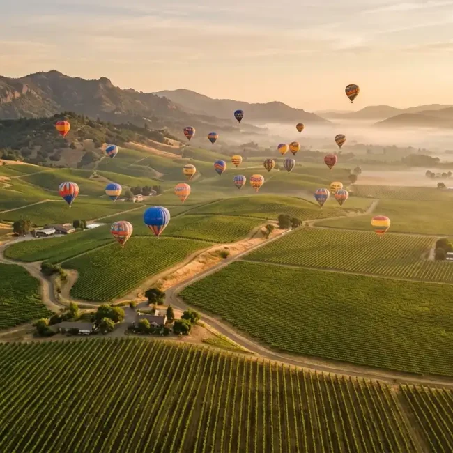 Hot air balloons over vineyards