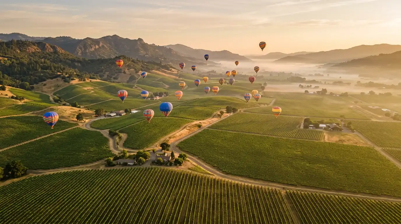 Hot air balloons over vineyards