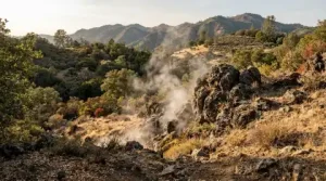 Steam venting near volcanic rocks